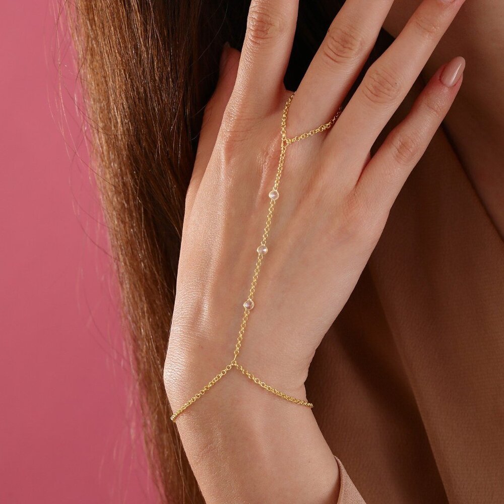 Personalized Birthstone 14K Gold Plated Hand Chain Bracelet-925k silver